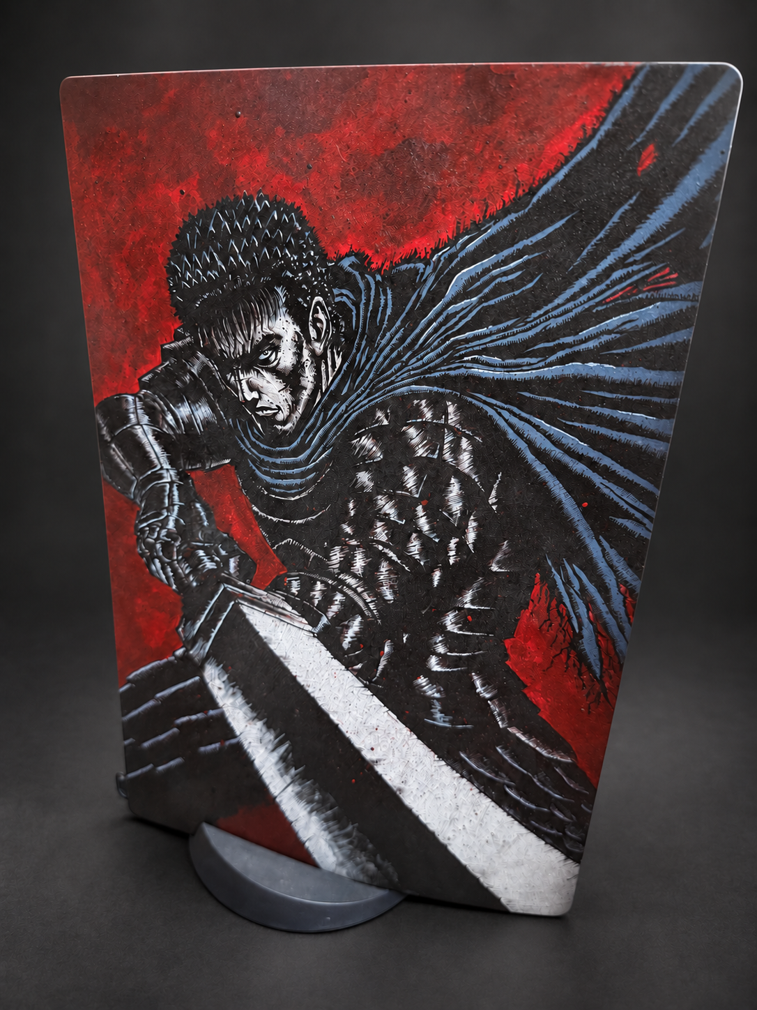 Hand-painted console with crimson, blue and silver swordsman artwork