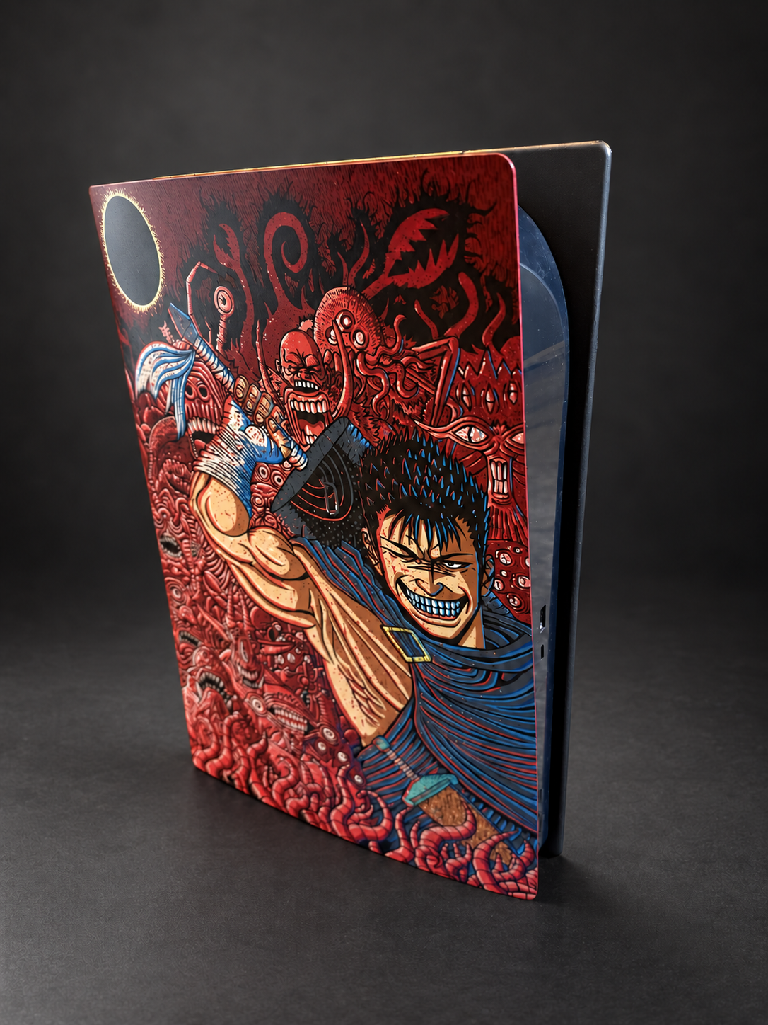 Eclipse PlayStation 5 with a swordsman surrounded by intricate red character illustrations