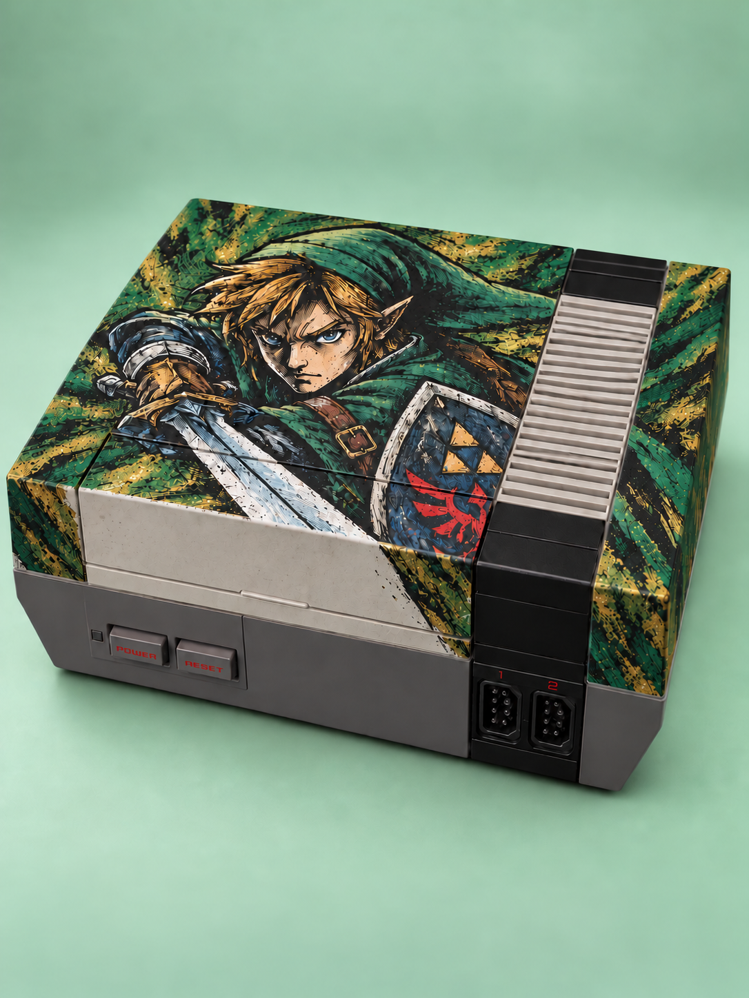 Forest Gold concept: character illustration over a forest green and gold painted background on a console shell