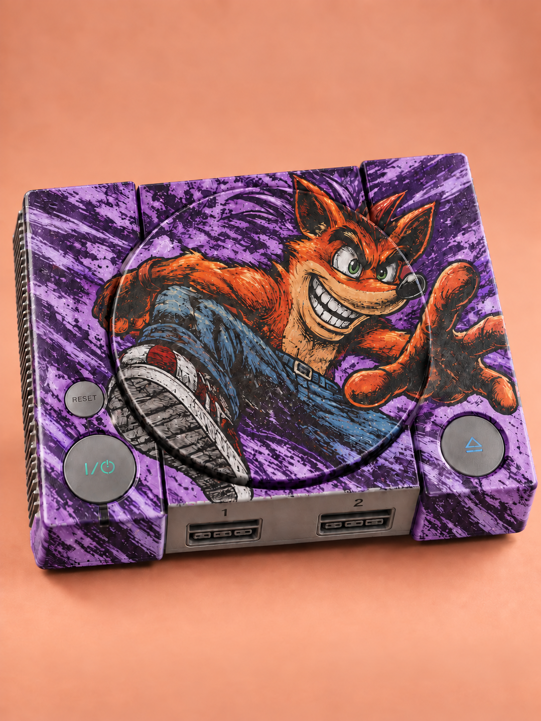 Violet Motion concept: character illustration over a violet and lavender painted background on a console shell