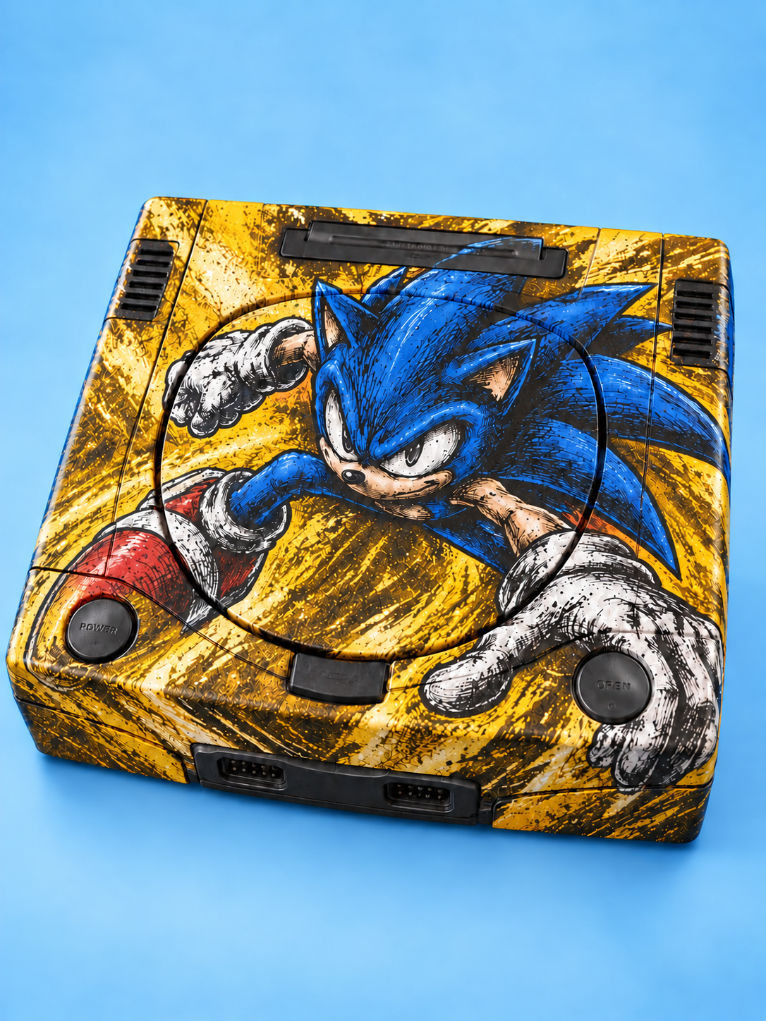 Cobalt Rush concept: character illustration over a yellow and cream painted background on a console shell